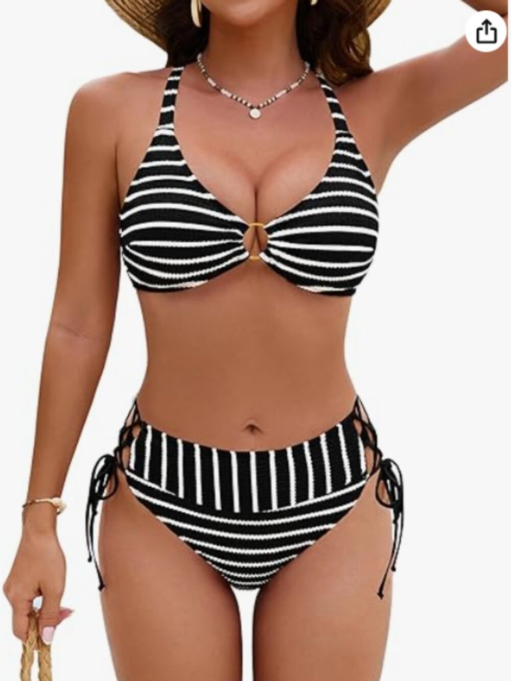Blooming Jelly Womens Sexy Bikini Set Mid Rise Striped Crinkle Side Tie Two Piec